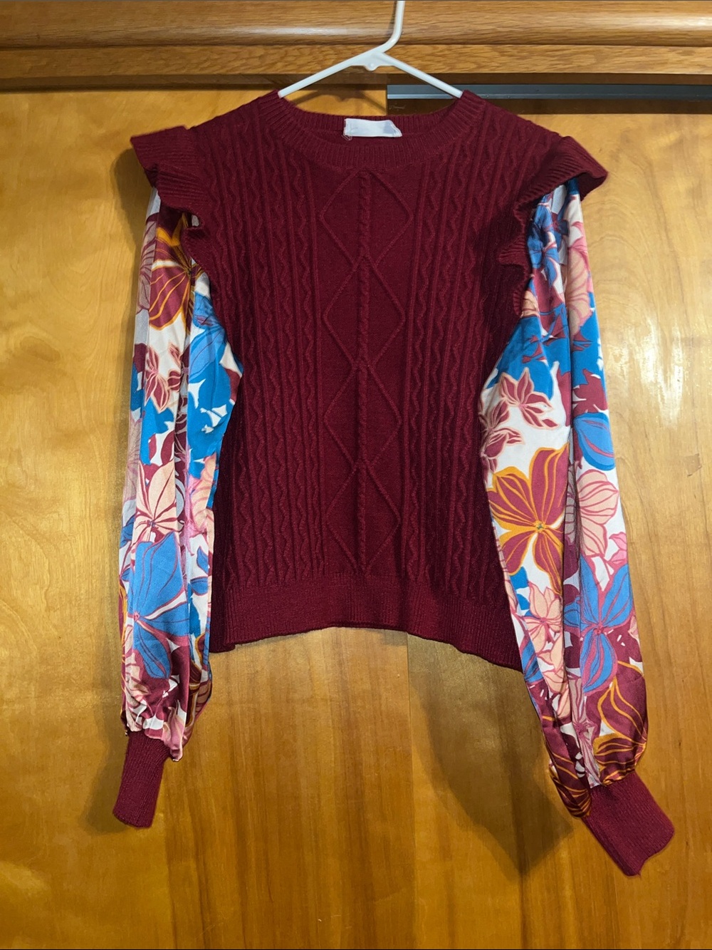 Impressions Burgundy Cable Knit Sweater with Floral Long Sleeves
